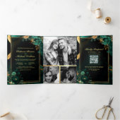 Smaragdgroene Gouden Bloem Marmer QR Code Bruiloft Drieluik Uitnodiging (Binnen)