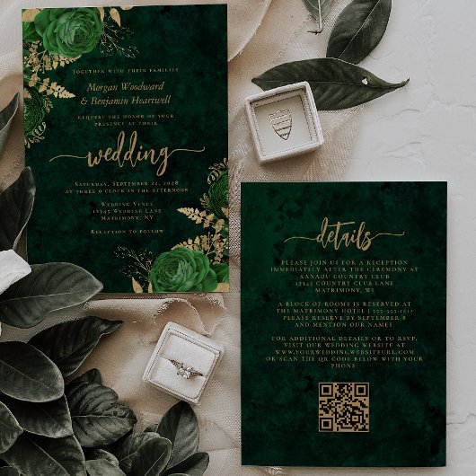 Smaragdgroene Gouden Bloem QR Code Bruiloft Kaart