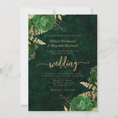 Smaragdgroene Gouden Bloem QR Code Bruiloft Kaart (Voorkant)