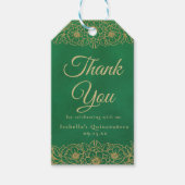 Smaragdgroene Gouden Bloem Quinceañera Bedankt Cadeaulabel (Voorkant)