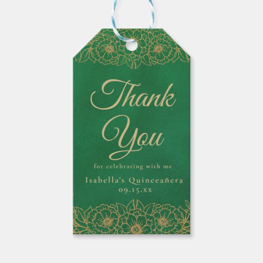 Smaragdgroene Gouden Bloem Quinceañera Bedankt Cadeaulabel (Voorkant)