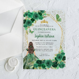 Smaragdgroene Gouden Bloemige Prinses Quinceañera Acryl Uitnodigingen