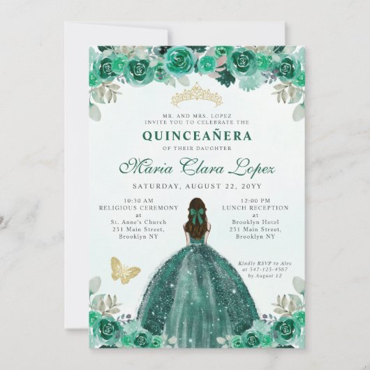Smaragdgroene Gouden Bloemige Prinses Quinceañera Kaart (Voorkant)
