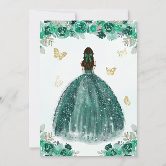 Smaragdgroene Gouden Bloemige Prinses Quinceañera Kaart (Achterkant)