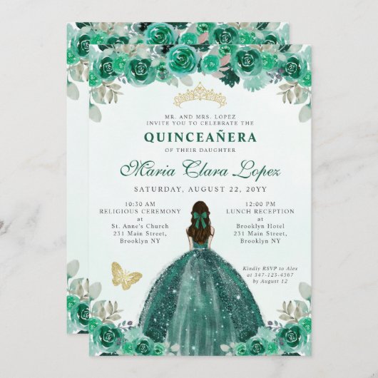 Smaragdgroene Gouden Bloemige Prinses Quinceañera Kaart (Voorkant / Achterkant)