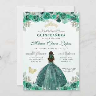 Smaragdgroene Gouden Bloemige Prinses Quinceañera Kaart