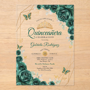 Smaragdgroene Gouden Bloemige Quinceanera 01 Acryl Uitnodigingen