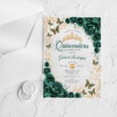 Smaragdgroene Gouden Bloemige Quinceanera Acryl Uitnodigingen