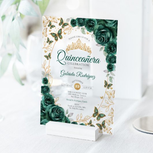 Smaragdgroene Gouden Bloemige Quinceanera Acryl Uitnodigingen