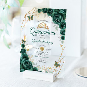 Smaragdgroene Gouden Bloemige Quinceanera Acryl Uitnodigingen
