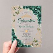 Smaragdgroene Gouden Bloemige Quinceanera Acryl Uitnodigingen (Insitu (Draagbaar))