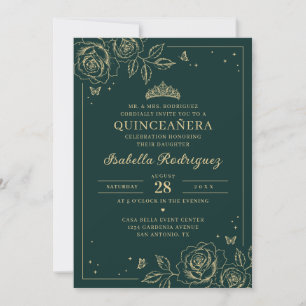 Smaragdgroene Gouden Bloemige Quinceañera Kaart