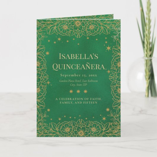 Smaragdgroene Gouden Bloemige Quinceañera Programma (Voorkant)