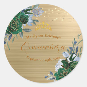 Smaragdgroene Gouden Bloemige Quinceañera Ronde Sticker