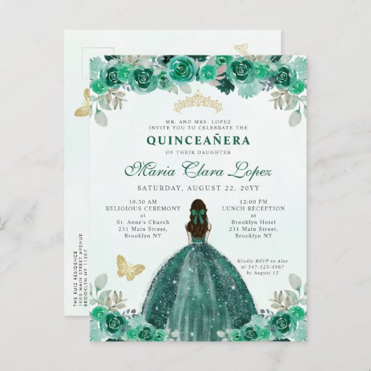 Smaragdgroene Gouden Bloemrijke Prinses Quinceañer Briefkaart (Voorkant / Achterkant)