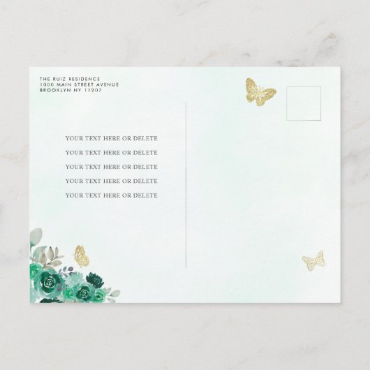 Smaragdgroene Gouden Bloemrijke Prinses Quinceañer Briefkaart (Achterkant)