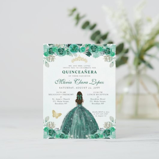 Smaragdgroene Gouden Bloemrijke Prinses Quinceañer Briefkaart (Staand voorkant)