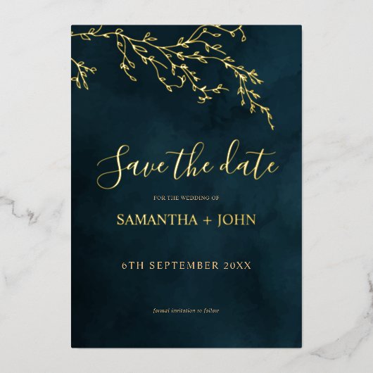 Smaragdgroene & Gouden Botanische Save the Date Folie Uitnodiging (Voorkant)