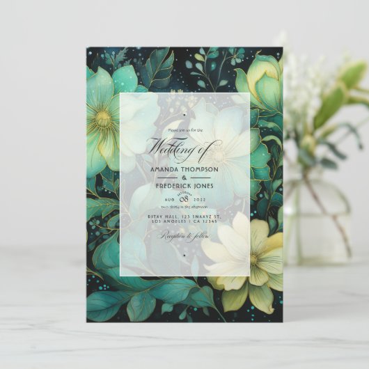 Smaragdgroene, Gouden en Zwarte Bloemige Bruiloft Kaart (Staand voorkant)