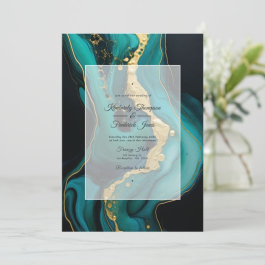 Smaragdgroene, gouden en zwarte inkt bruiloft kaart (Staand voorkant)