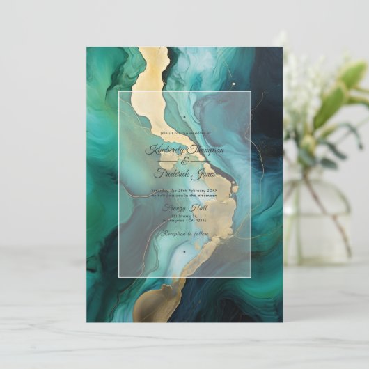 Smaragdgroene, gouden en zwarte inkt bruiloft kaart (Staand voorkant)