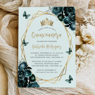 Smaragdgroene Gouden Geometrische Bloem Quinceañer Kaart