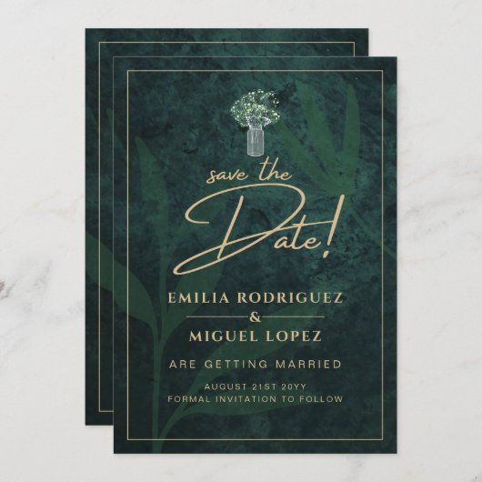 Smaragdgroene gouden gipsybloem bruiloft BEWAAR DA Kaart (Voorkant / Achterkant)