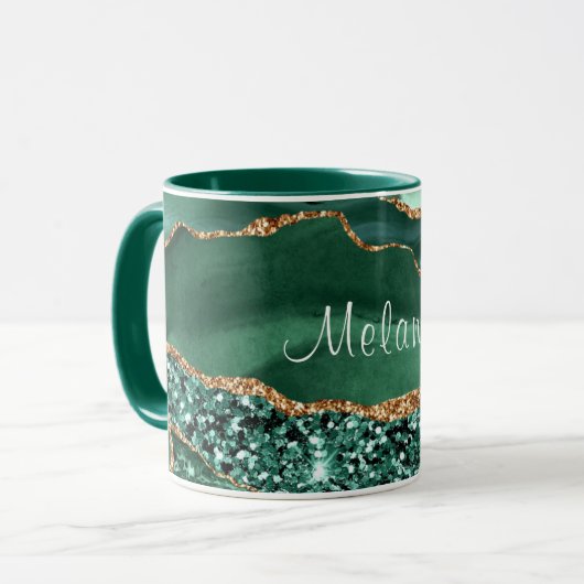 Smaragdgroene Gouden Glitter Marmer Beker met Eige Mok (Voorkant links)
