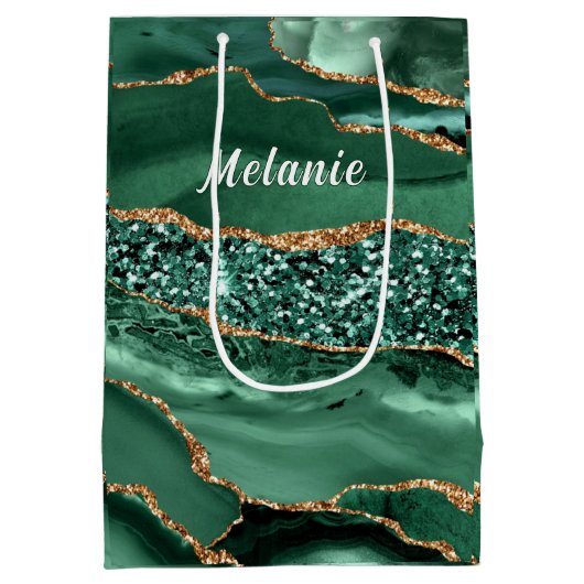 Smaragdgroene gouden glitters geschenkzak Aangepas Medium Cadeauzakje (Achterkant)