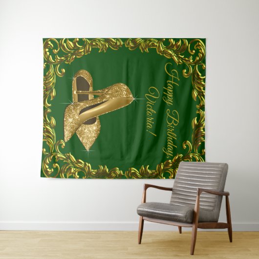 Smaragdgroene Gouden Hoge Hak Verjaardag Achtergro Wandkleed (In Situ (horizontaal))