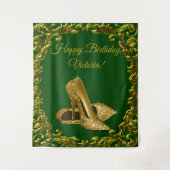 Smaragdgroene Gouden Hoge Hak Verjaardag Achtergro Wandkleed (Voorkant)