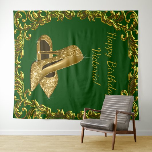 Smaragdgroene Gouden Hoge Hakken Verjaardag XL Ach Wandkleed (In Situ (horizontaal))