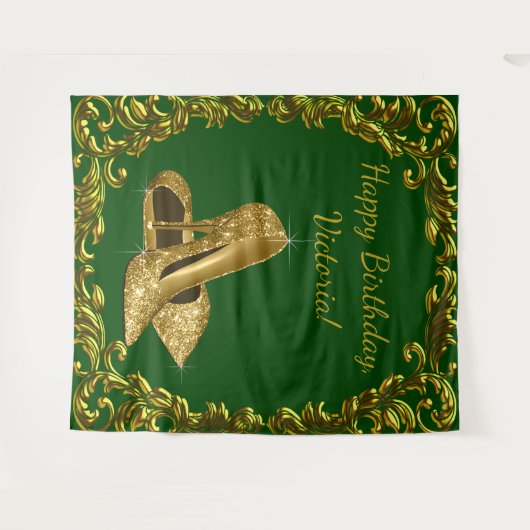 Smaragdgroene Gouden Hoge Hakken Verjaardag XL Ach Wandkleed (Voorkant (horizontaal))