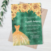 Smaragdgroene gouden jurk bloemenquinceanera kaart