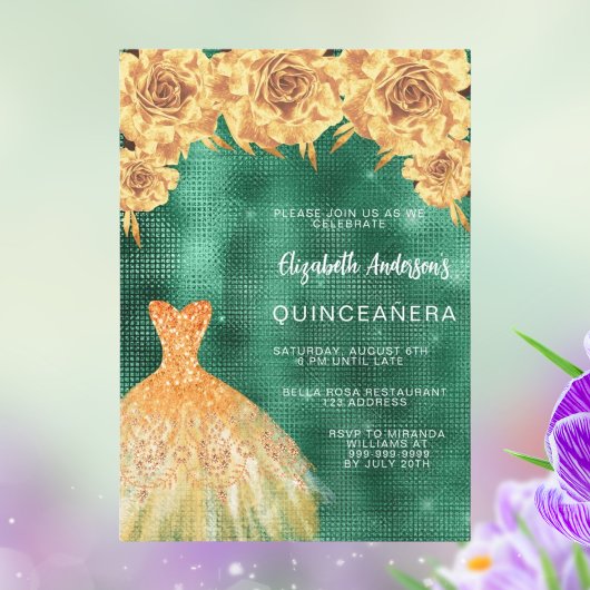 Smaragdgroene gouden jurk bloemenquinceanera kaart