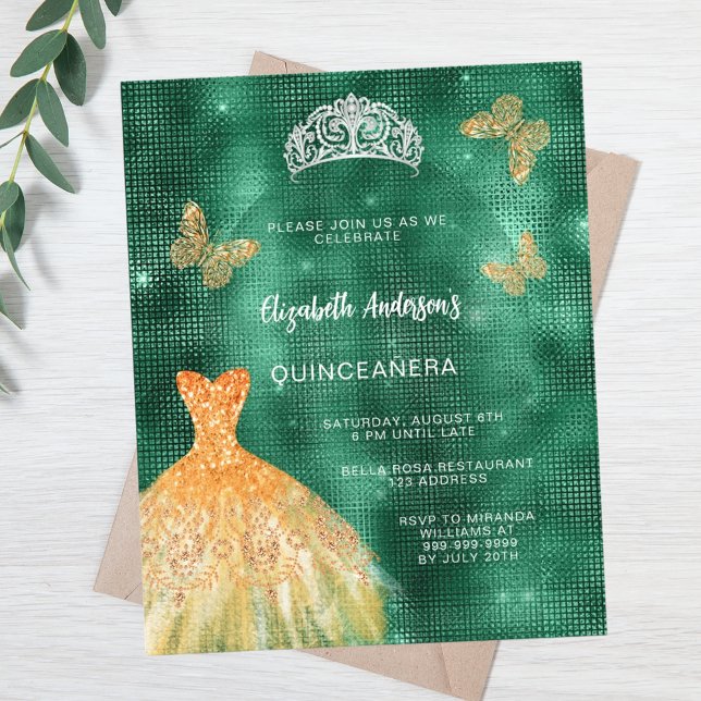 Smaragdgroene gouden jurk tiara budget Quinceanera (Creator heeft geüpload)