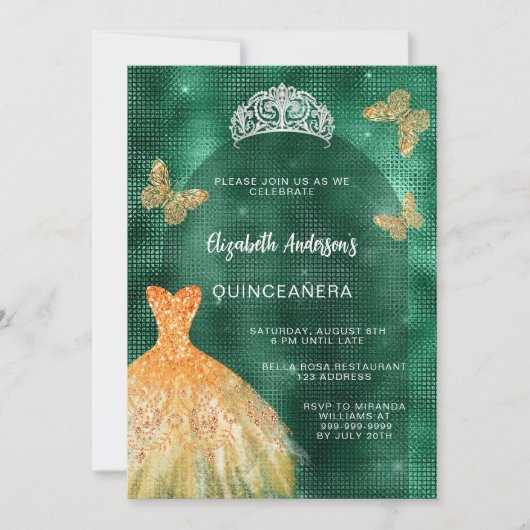 Smaragdgroene gouden jurk tiara luxe Quinceanera Kaart (Voorkant)