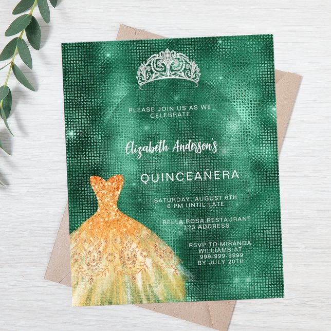 Smaragdgroene gouden jurk tiara Quinceanera budget (Creator heeft geüpload)