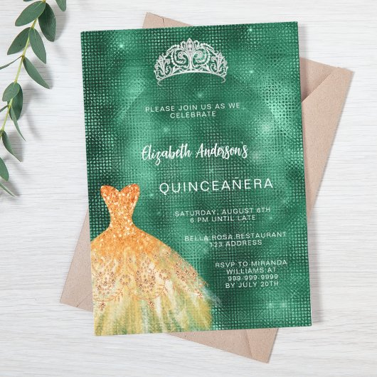 Smaragdgroene gouden jurk tiara Quinceanera Kaart