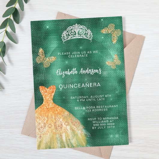 Smaragdgroene gouden jurk tiara Quinceanera Kaart
