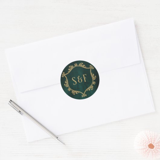 Smaragdgroene Gouden Kam Monogram Envelopezegel Ronde Sticker (Envelop)