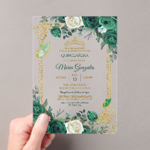 Smaragdgroene Gouden Kroon Quinceañera Vlinder Acryl Uitnodigingen