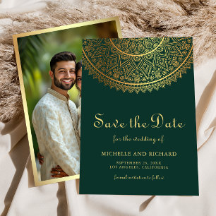 Smaragdgroene Gouden Mandala Indiase Trouwfoto Save The Date