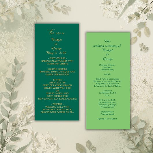 Smaragdgroene gouden menu & programma trouwkaart