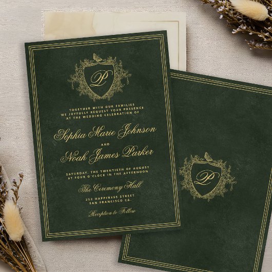 Smaragdgroene gouden monogram bruiloft kaart