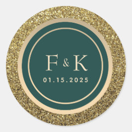 Smaragdgroene gouden monogram trouwdag ronde sticker