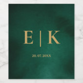 Smaragdgroene & Gouden Monogram Trouwdag Wijn Etiket (Enkel label)