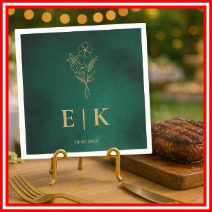 Smaragdgroene & Gouden Monogram Wilde Bloem Bruilo Servet