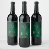 Smaragdgroene & Gouden Monogram Wilde Bloem Bruilo Wijn Etiket (Flessen)