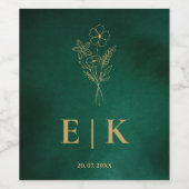 Smaragdgroene & Gouden Monogram Wilde Bloem Bruilo Wijn Etiket (Enkel label)